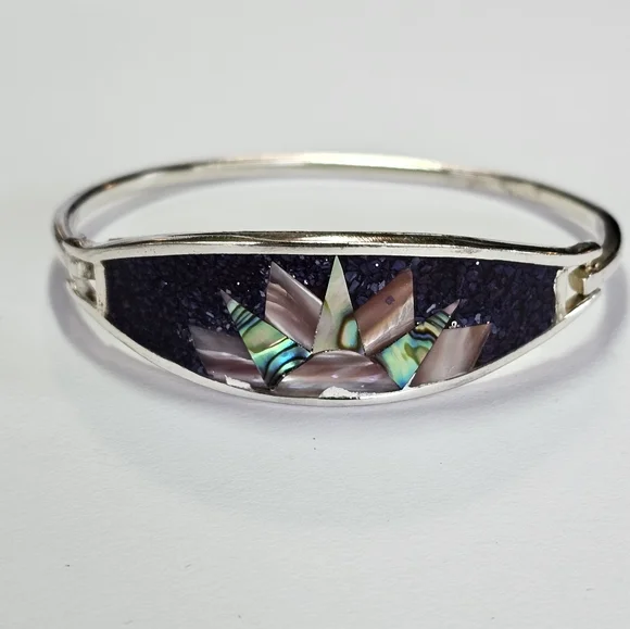 Vintage 3 Crushed Turquoise & Abalone Alpaca Silver Bracelets! - Picture 3 of 10